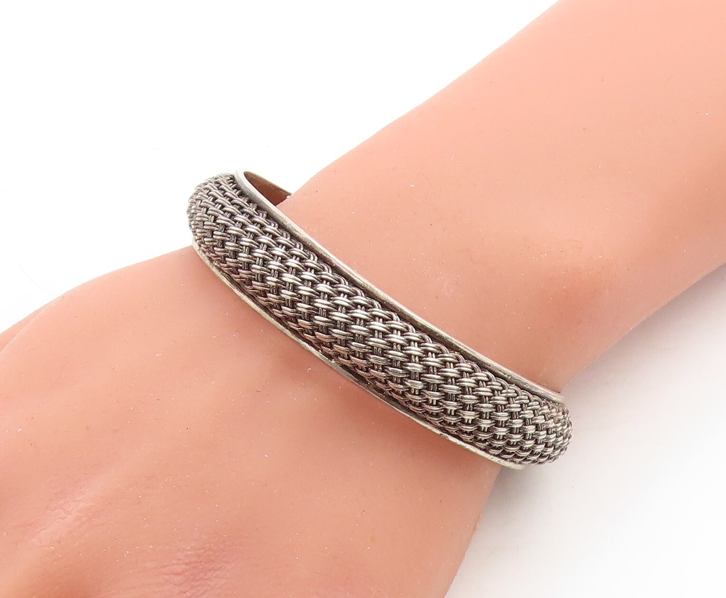 925 Sterling Silver  Vintage Dark Tone Basket Weave Cuff Bracelet  BT1428