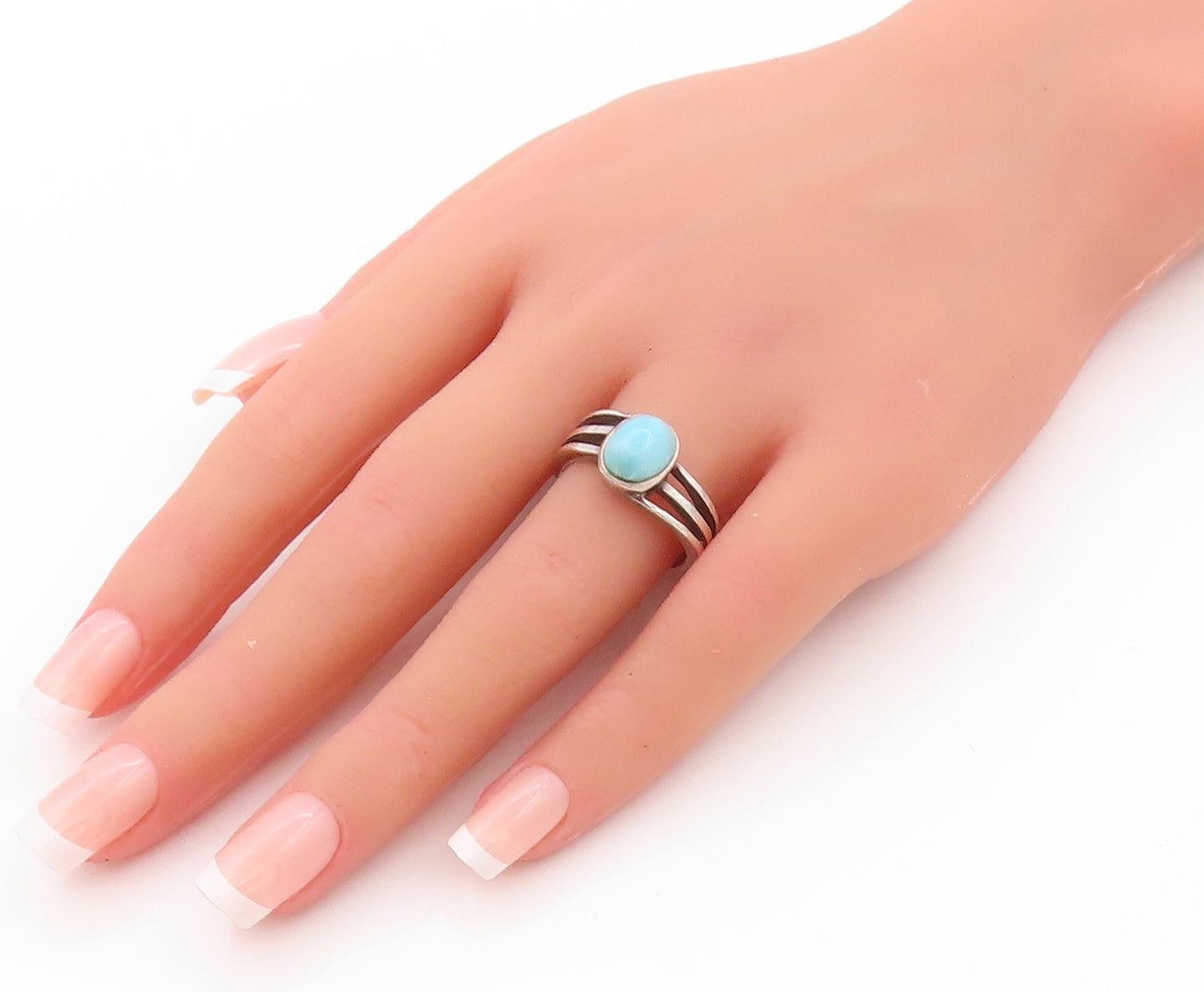 925 Sterling Silver Vintage Ring Cabochon Larimar Cutout Band  Sz 8.5  RG32588