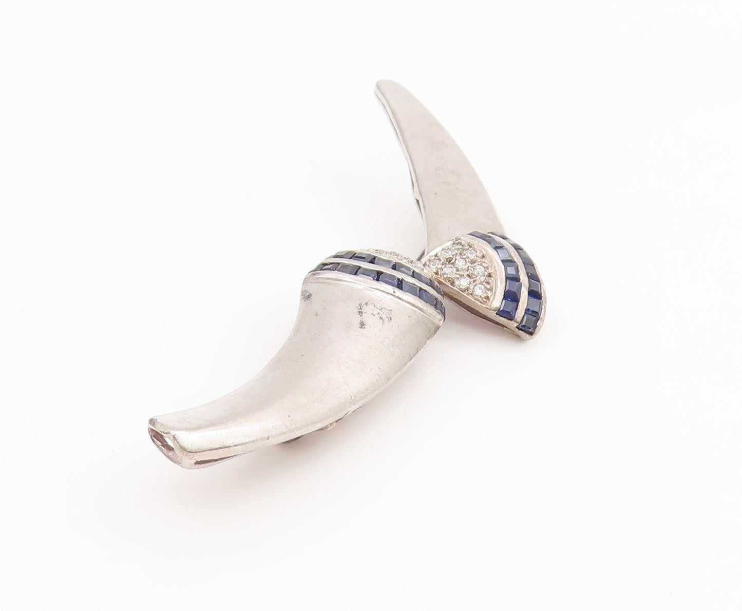 925 Sterling Silver Vintage Brooch Pin Real Diamonds & Sapphire Curves  BP12192