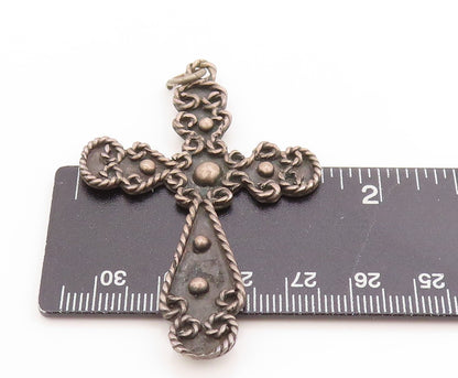 925 Sterling Silver Vintage Pendant Dark Tone Rope Edged Religious Cross PT25031