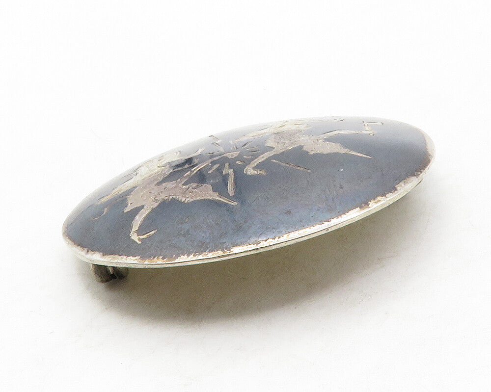 SIAM 925 Sterling Silver  Vintage Enamel Niello Dancers Brooch Pin  BP4989