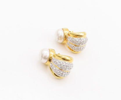 925 Sterling Silver Vintage Earrings Gold Plated Pearl & CZ Inlay  EG13109