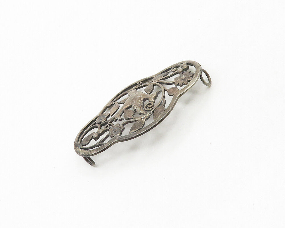 925 Sterling Silver  Vintage Dark Tone Floral Bird Scene Pendant  PT14244