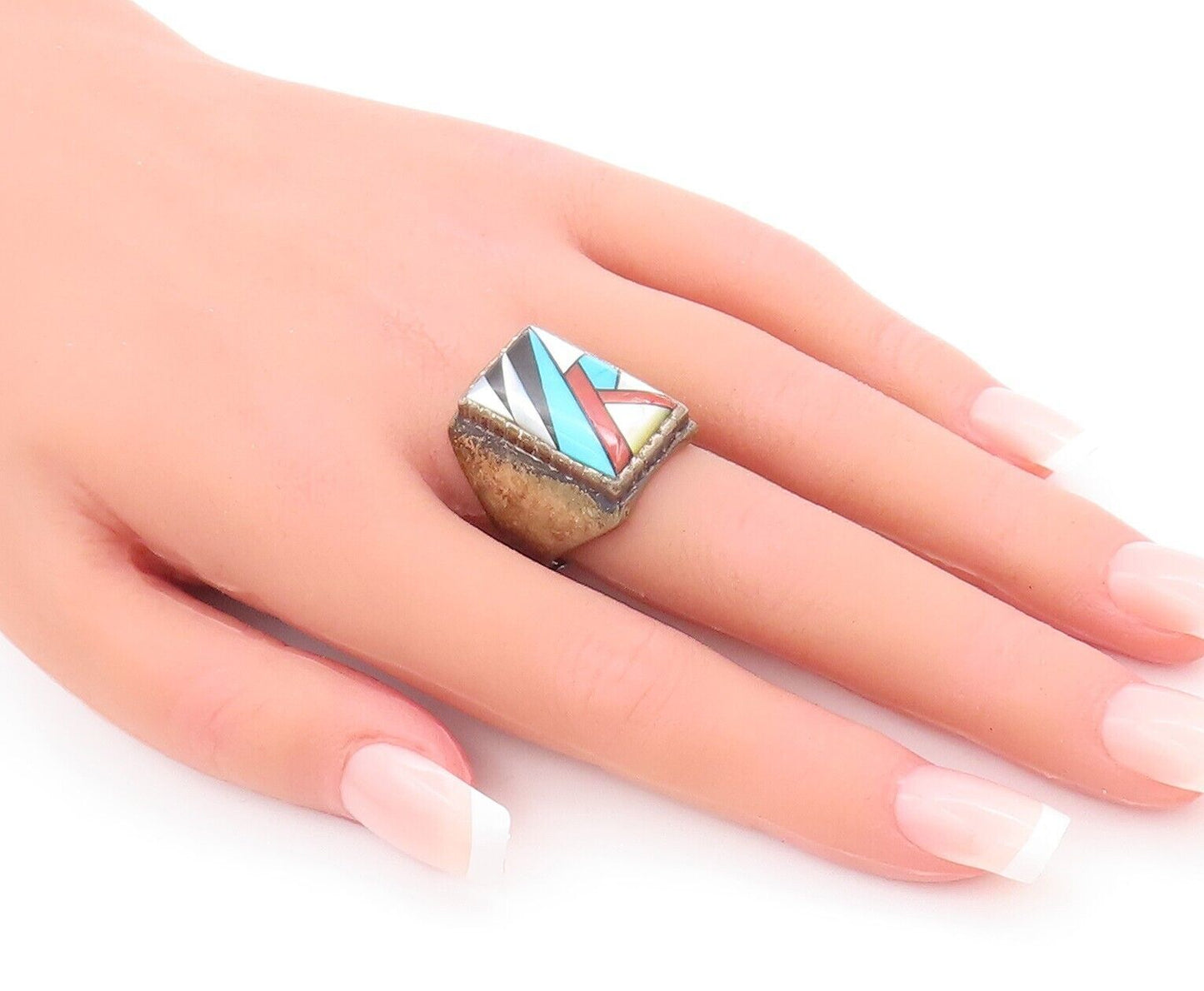 925 Sterling Silver Vintage Ring NAVAJO Multiple Gemstones Inlay Sz 9.5  RG28227