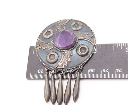 925 Sterling Silver Vintage Brooch Pin DAMASO GALLEGOS Amethyst Carved  BP10852