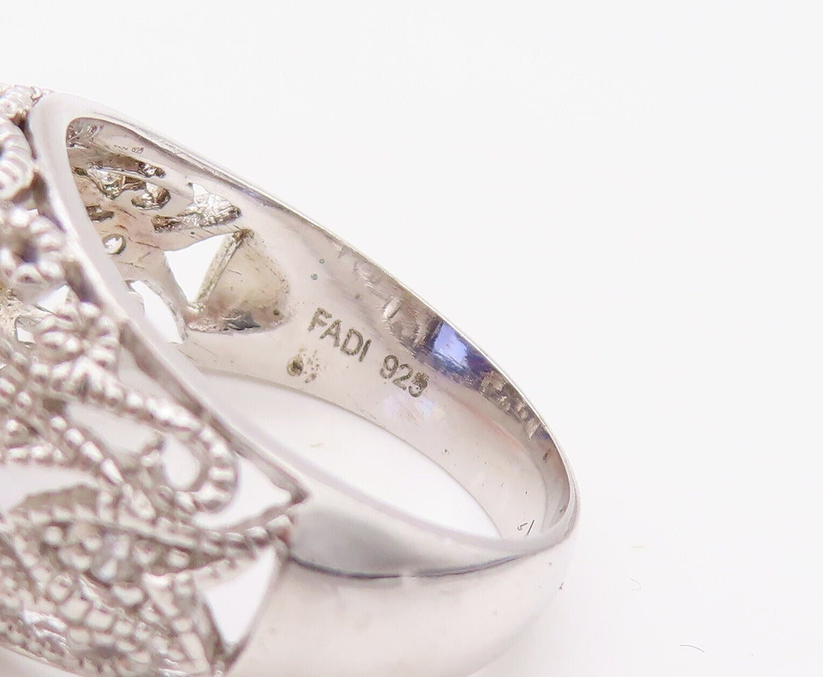 925 Sterling Silver Vintage Ring Swirly Cutout Round Sapphire  Sz 7  RG30782