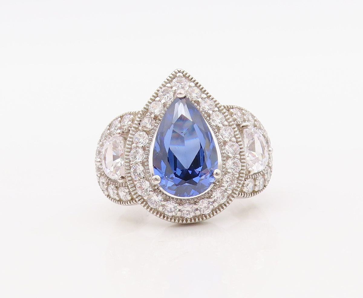 925 Sterling Silver Vintage Ring Drop Cut Sapphire Halo CZ Inlay  Sz 7  RG30657