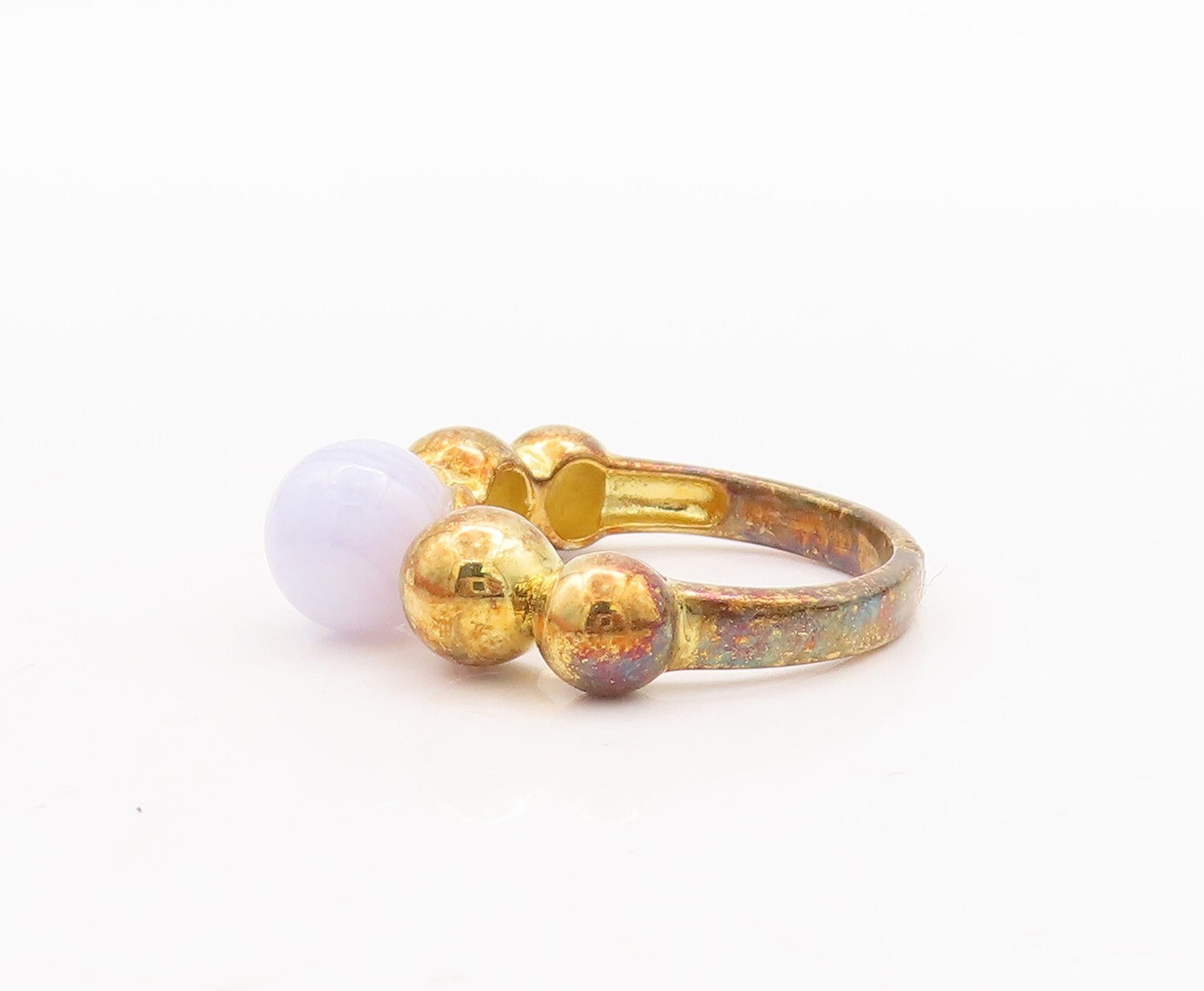 925 Sterling Silver Vintage Ring Gold Plated Bead Carved & Gemstone Sz 7 RG29625