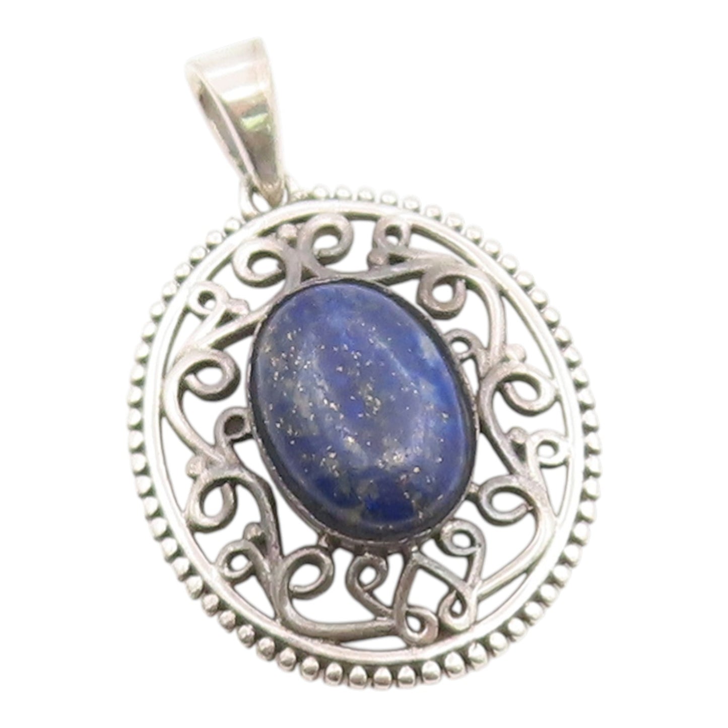 925 Sterling Silver Vintage Pendant Cabochon Lapis Lazuli Openwork Charm PT26239
