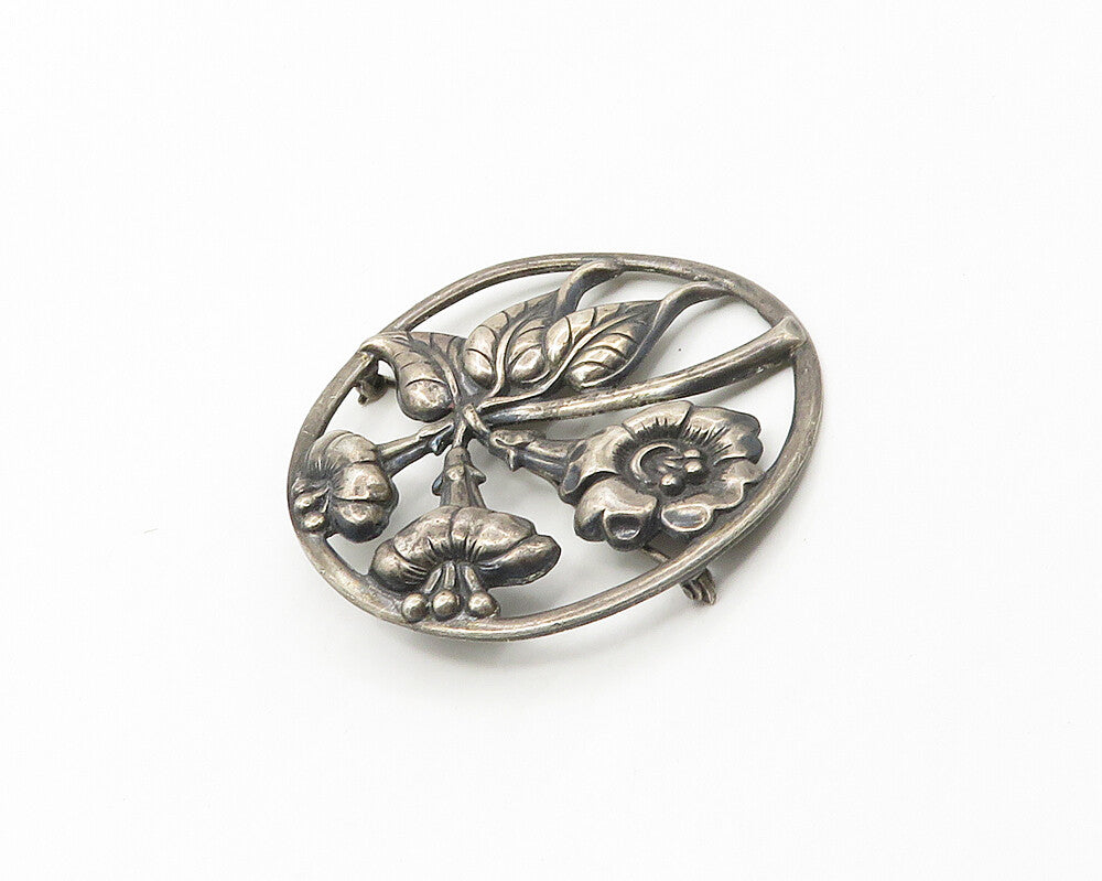 DANECRAFT 925 Silver  Vintage Dark Tone Floral Motif Round Brooch Pin  BP7027