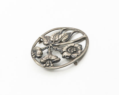 DANECRAFT 925 Silver  Vintage Dark Tone Floral Motif Round Brooch Pin  BP7027