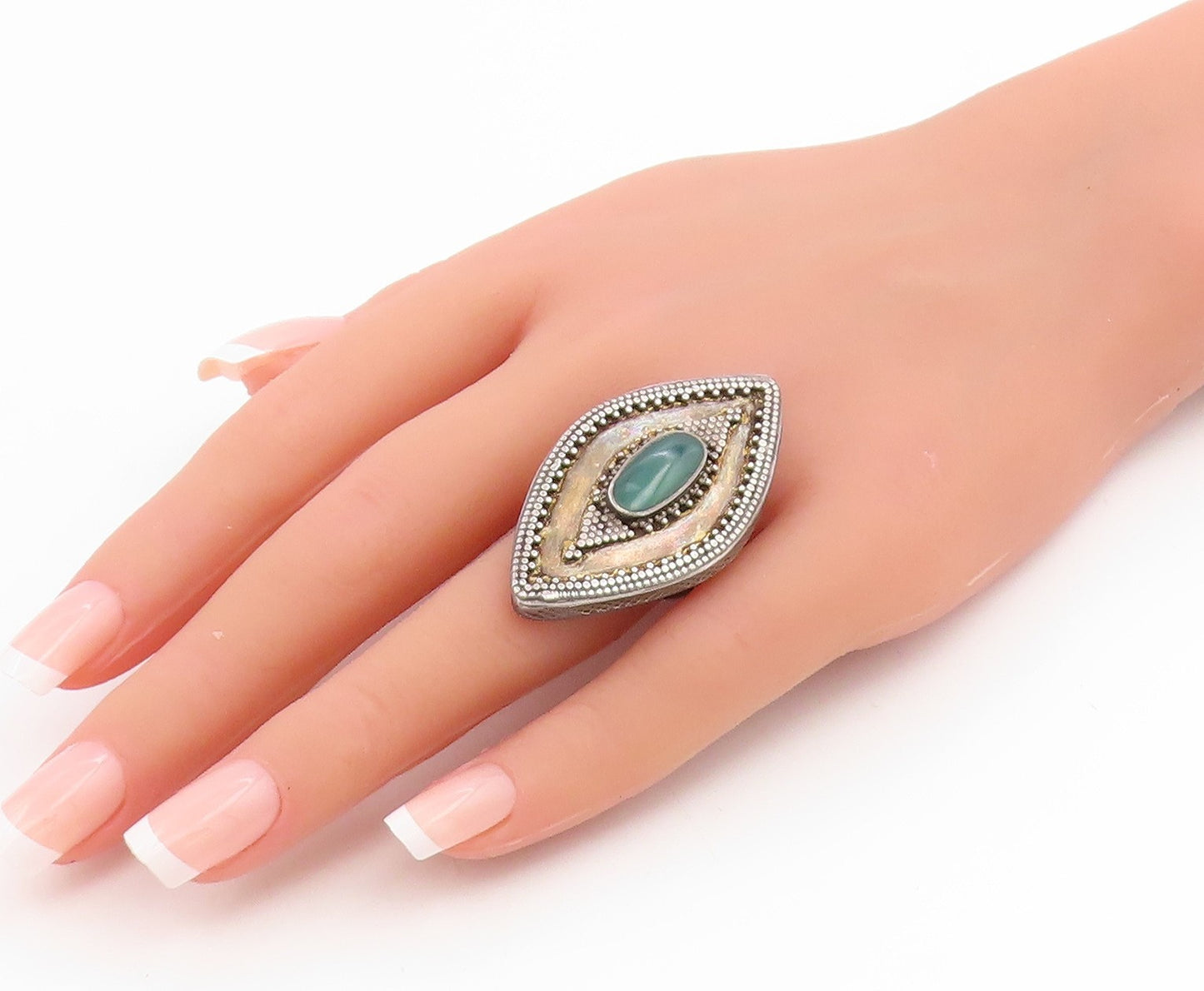 925 Sterling Silver Vintage Ring Green Onyx Marquise Shape Band  Sz 8  RG34935