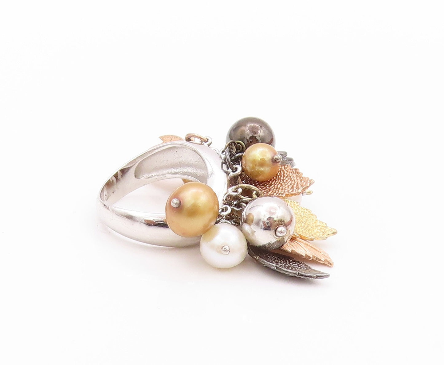 925 Sterling Silver Vintage Ring Modernist Floral Pearls & Beads  Sz 5  RG32437