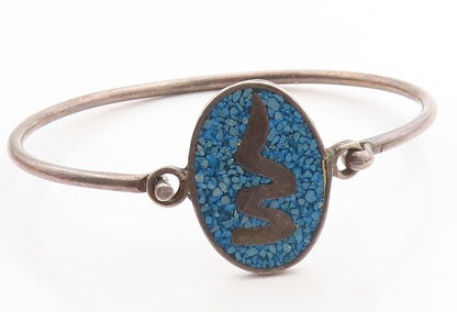 MEXICO 925 Sterling Silver Vintage Crushed Turquoise Bangle Bracelet BT1455