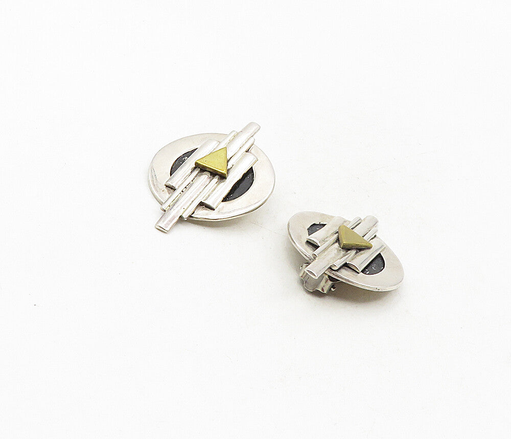 MEXICO 925 Silver  Vintage Two Tone Modernist Non Pierce Earrings  EG4786