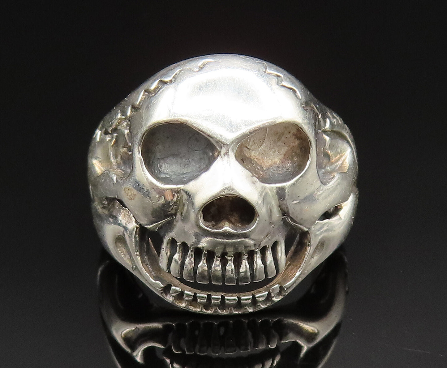 925 Sterling Silver  Vintage Skull Head Signet Biker Ring Sz 10  RG24840