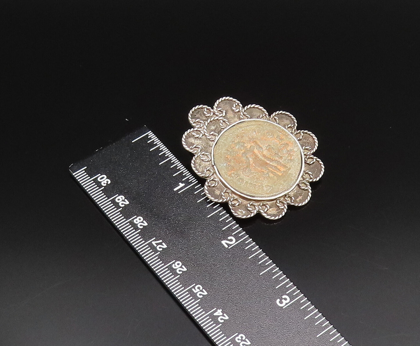 RANA 925 Silver  Vintage Pretzel Twist Edge Carved Center Brooch Pin  BP9862