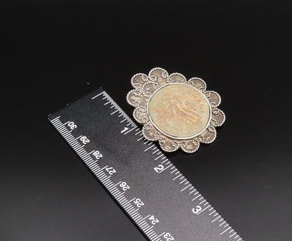 RANA 925 Silver  Vintage Pretzel Twist Edge Carved Center Brooch Pin  BP9862