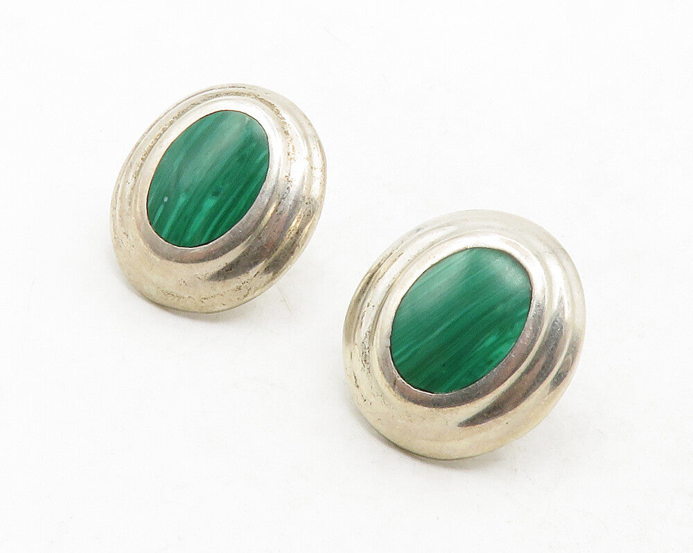 MEXICO 925 Silver  Vintage Inlaid Malachite Oval Dome Drop Earrings  EG6869