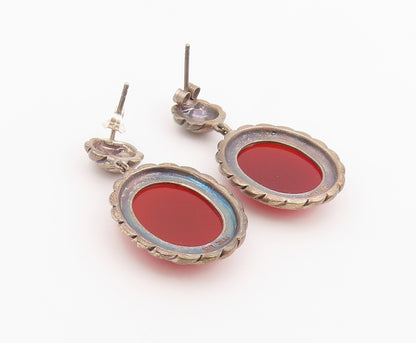 925 Sterling Silver Vintage Earrings Cabochon Carnelian Rope Edge Dangle EG14456