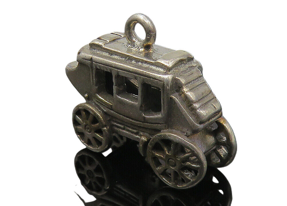 925 Sterling Silver  Vintage Dark Tone Old Fashioned Carriage Pendant  PT8764