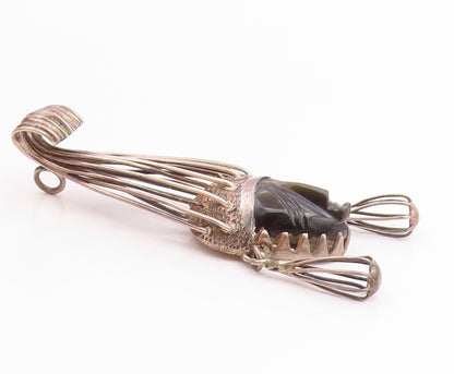 AC TAXCO 925 Silver Vintage Carved Obsidian Aztec Warrior Pendant  PT20123