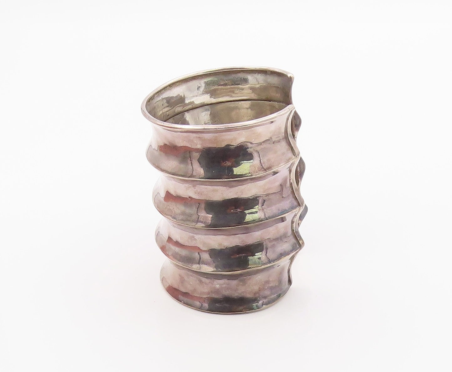 925 Sterling Silver Vintage Bracelet Modernist Solid Ribbed Wide Cuff  BT12136