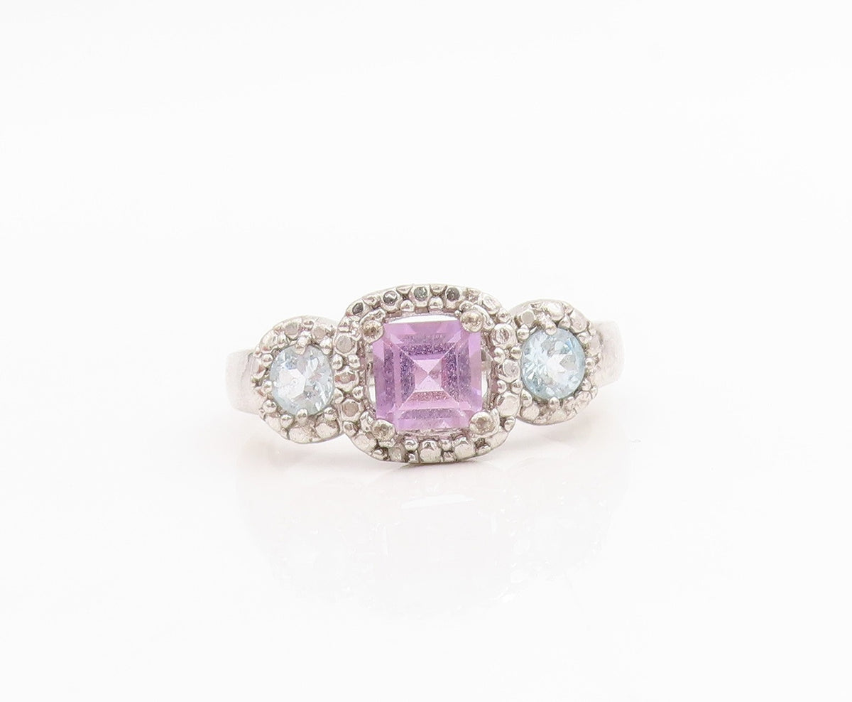 925 Sterling Silver Vintage Ring Amethyst & Topaz Statement Band  Sz 10  RG34797