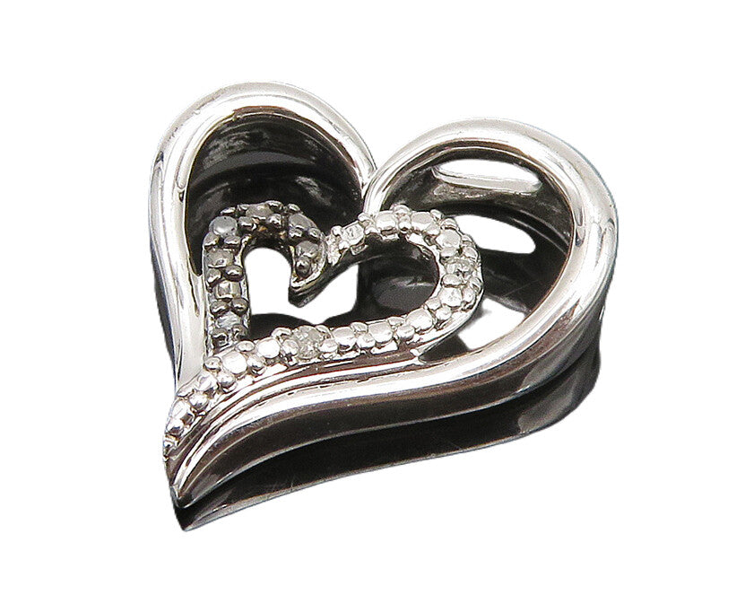 925 Sterling Silver  Shiny Genuine Diamonds Open Love Heart Pendant  PT14429