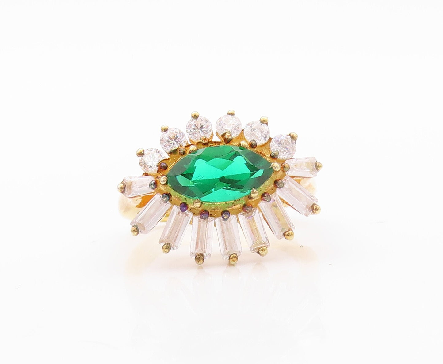 925 Sterling Silver Vintage Ring Gold Plated Green White CZ Flower  Sz 6 RG30805