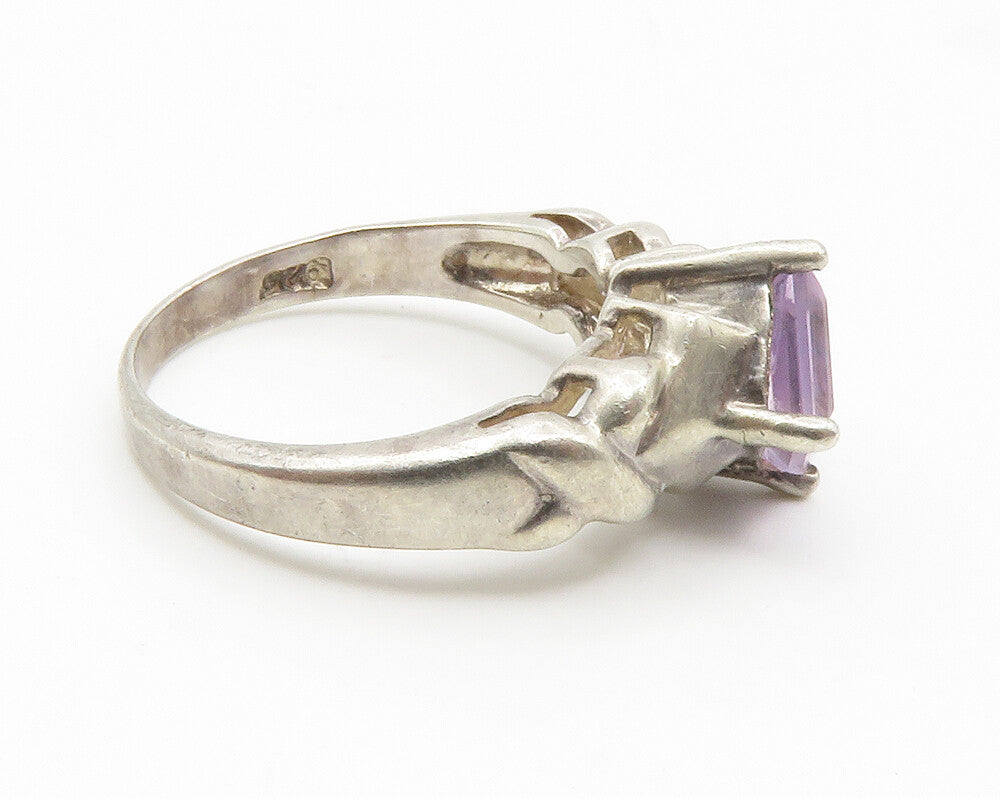 925 Sterling Silver  Vintage Prong Set Amethyst Smooth Band Ring Sz 5  RG14241