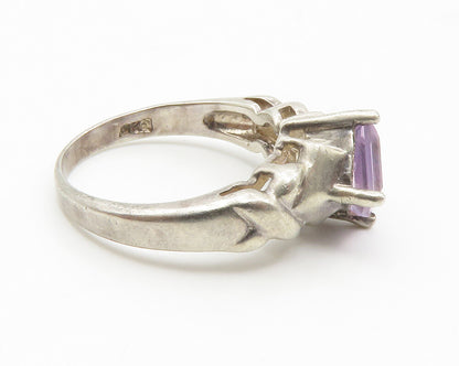 925 Sterling Silver  Vintage Prong Set Amethyst Smooth Band Ring Sz 5  RG14241