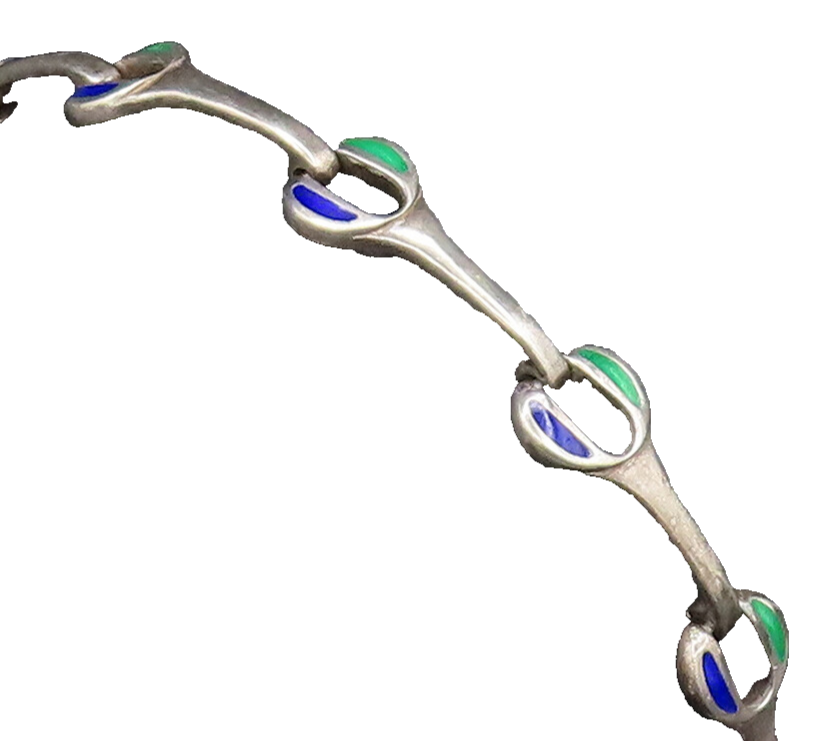 925 Sterling Silver  Vintage Green & Blue Enamel Wrench Link Bracelet  BT9708