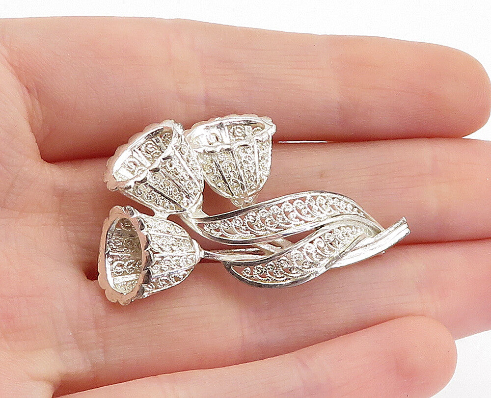 GERMANY 925 Sterling Silver  Vintage Shiny Filigree Flowers Brooch Pin  BP1840