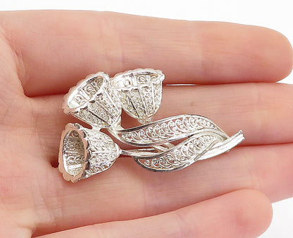 GERMANY 925 Sterling Silver  Vintage Shiny Filigree Flowers Brooch Pin  BP1840