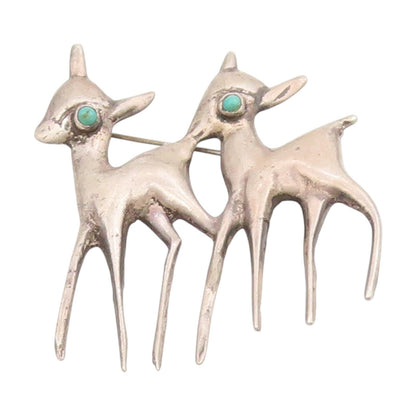 925 Sterling Silver Vintage Brooch Pin MEXICO Antique Turquoise Deer  BP12188