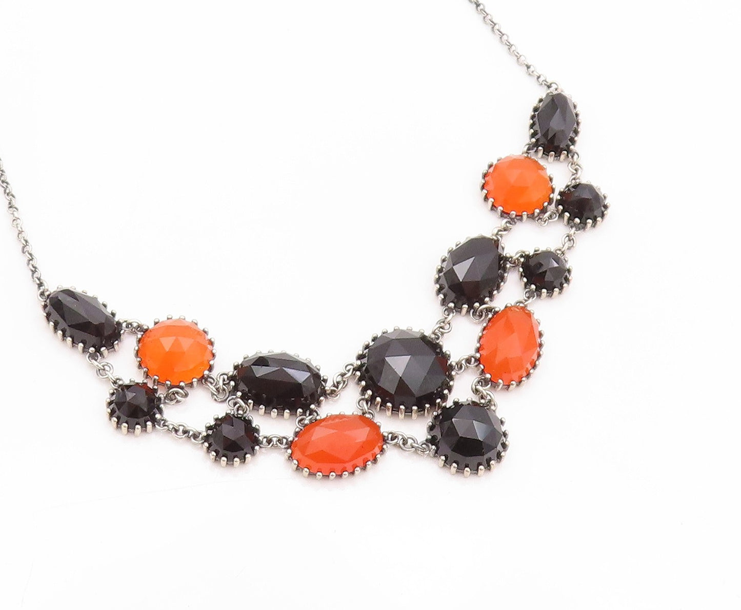 925 Sterling Silver Vintage Necklace Oval & Round Cut Carnelian & Onyx  NE4557