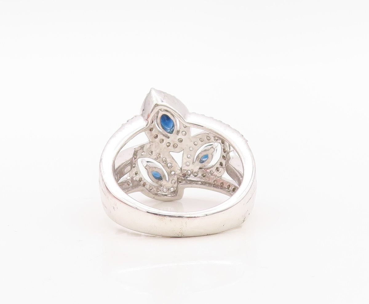 925 Sterling Silver Vintage Ring Modernist Floral Cut Sapphire & CZ Sz 7 RG30134