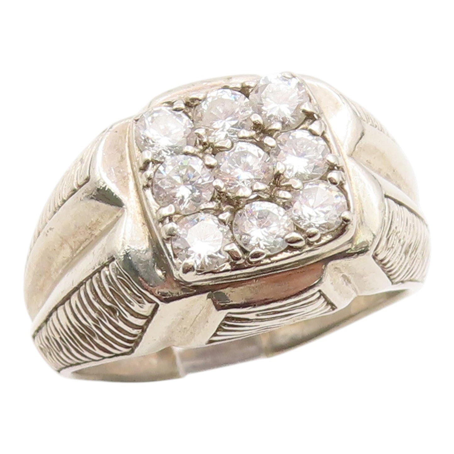 925 Sterling Silver Vintage Ring CZ Grid Etched Statement Band  Sz 13  RG35855