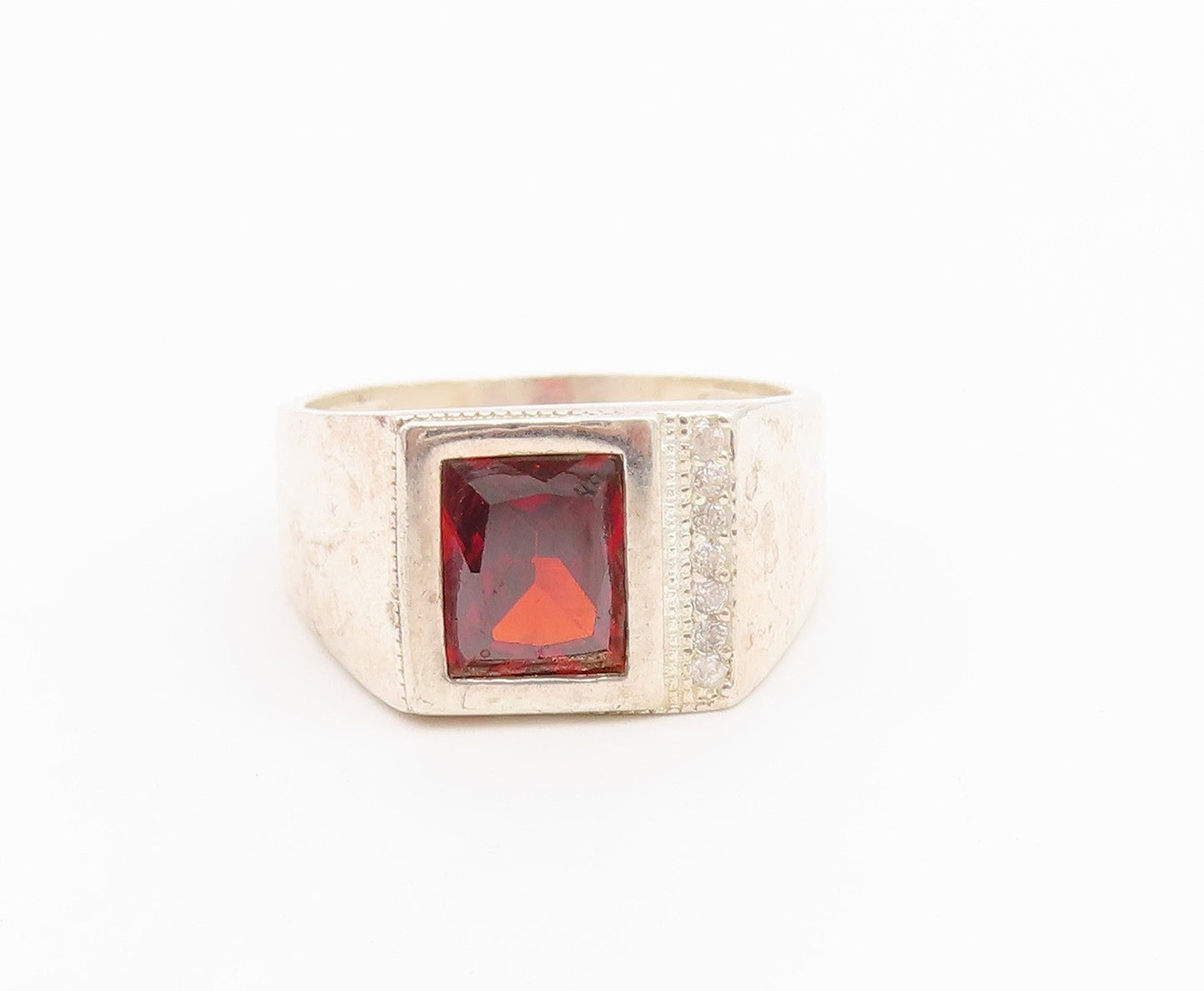 925 Sterling Silver Vintage Ring Garnet & CZ Geometric Signet  Sz 11.5  RG36525