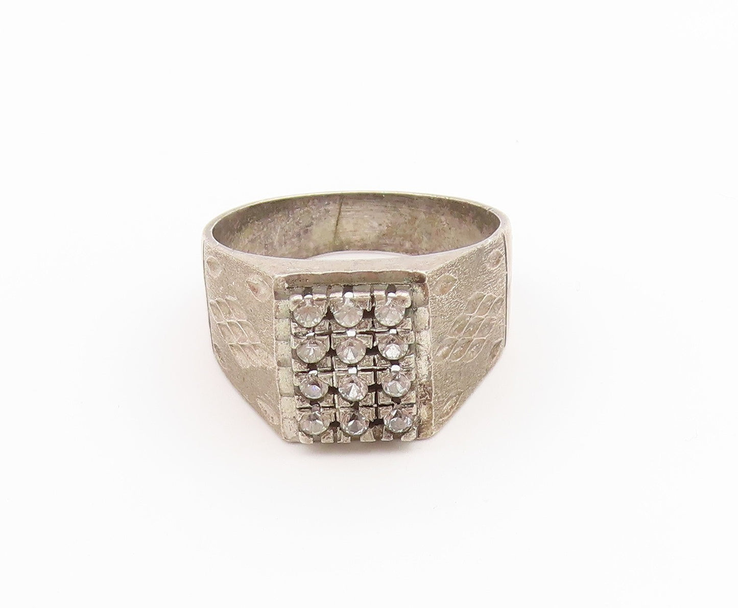 925 Sterling Silver Vintage Ring CZ Etched Geometric Grid Band  Sz 11.5  RG36871