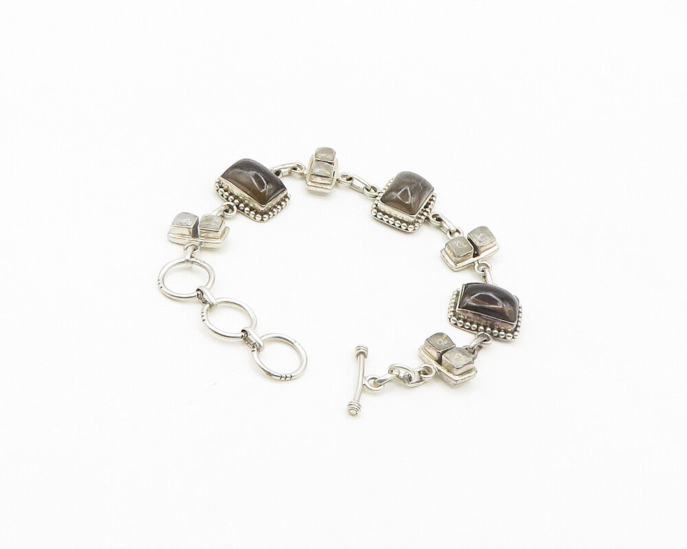925 Sterling Silver  Vintage Smoky Topaz & Quartz Chain Bracelet  BT7725
