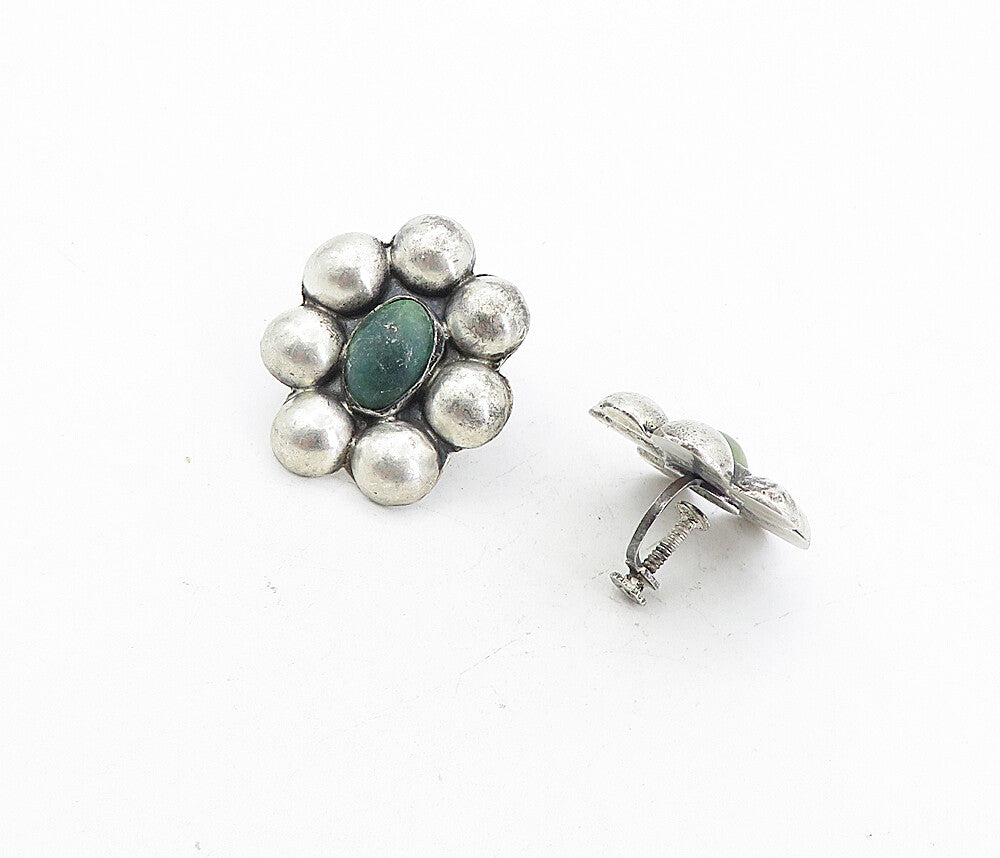 MEXICO 925 Silver Vintage Antique Jasper Floral Non Pierce Earrings EG4174