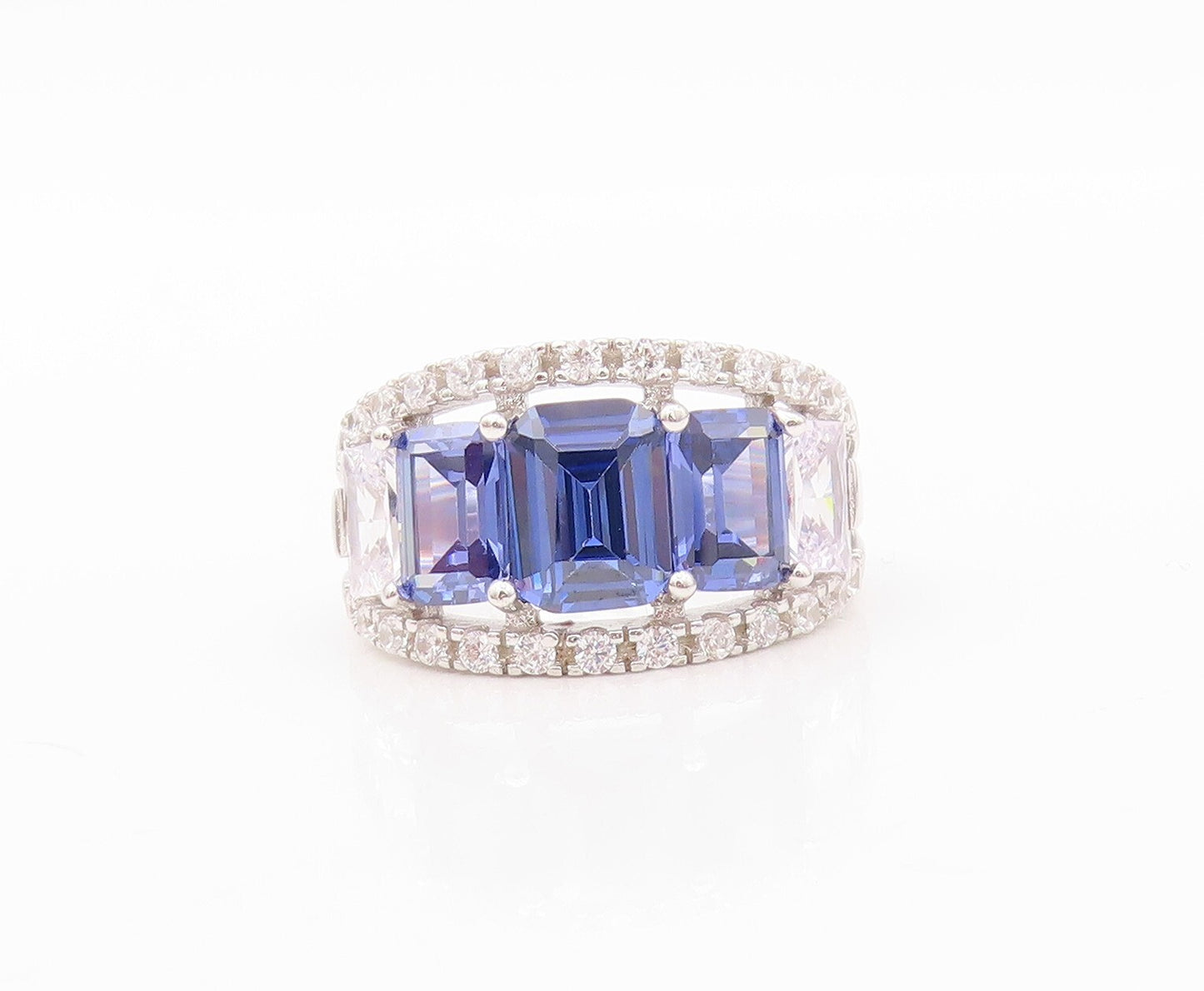 925 Sterling Silver Vintage Ring Rectangle Cut Sapphire & CZ  Sz 7.5  RG30616