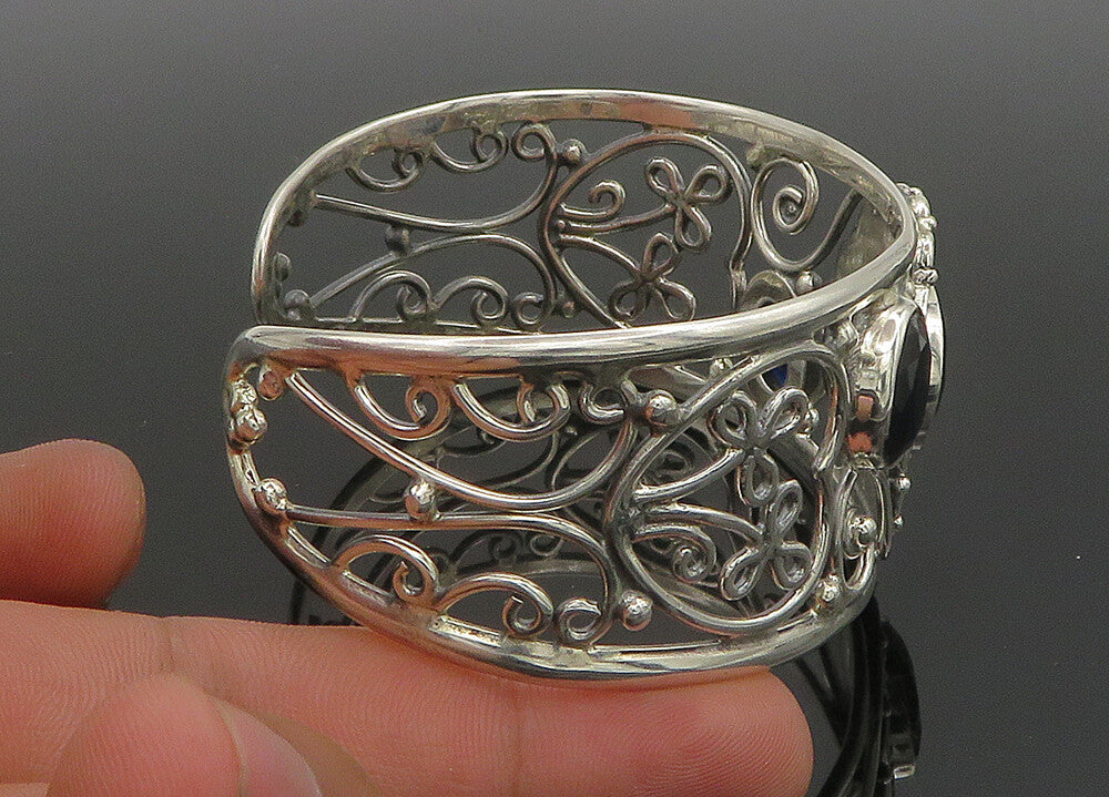 925 Sterling Silver   Vintage Blue Stone Floral Vine Cuff Bracelet  BT9088