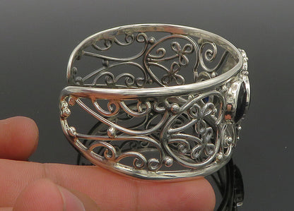 925 Sterling Silver   Vintage Blue Stone Floral Vine Cuff Bracelet  BT9088