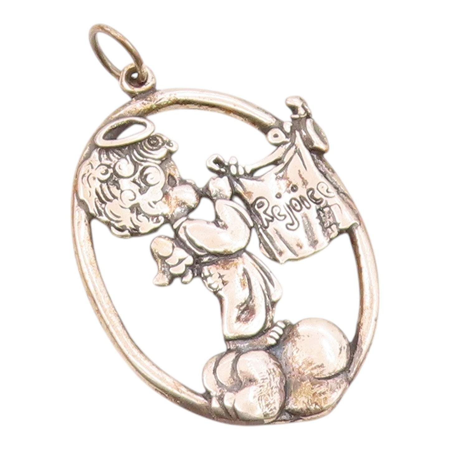 925 Sterling Silver  Vintage Baby Angel Rejoice Etched Drop Pendant  PT6415