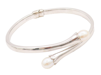 925 Sterling Silver Vintage Bracelet Hinged Solid  Pearls Beaded bypass  BT10317