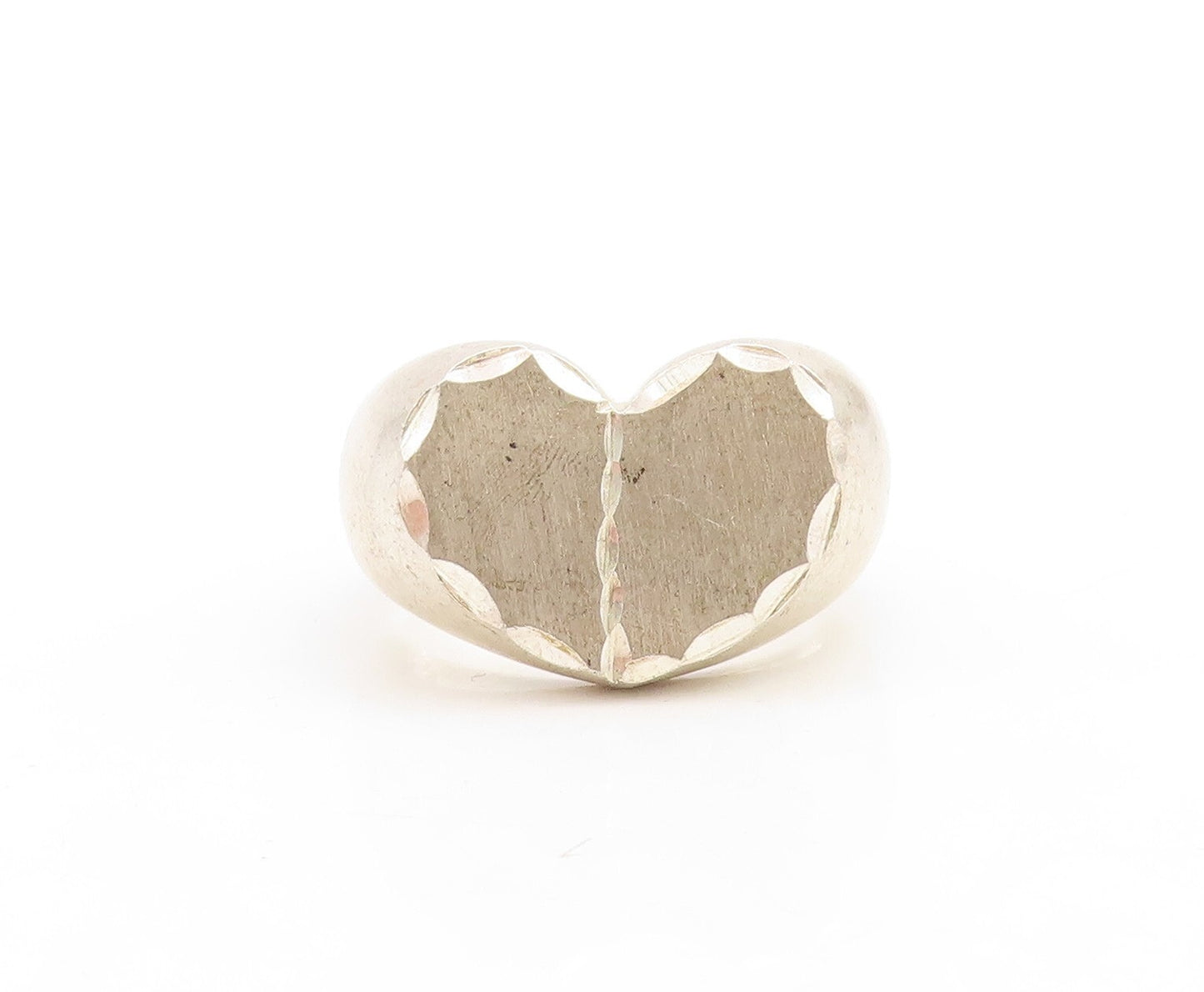 925 Sterling Silver Vintage Ring Solid Diamond Cut Border Heart  Sz 8  RG31203