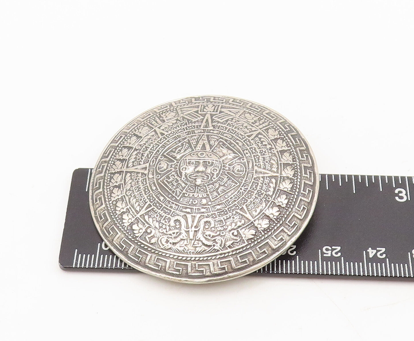 925 Sterling Silver Vintage Brooch Pin MAYAN AZTEC Etched Sun Calendar  BP10597